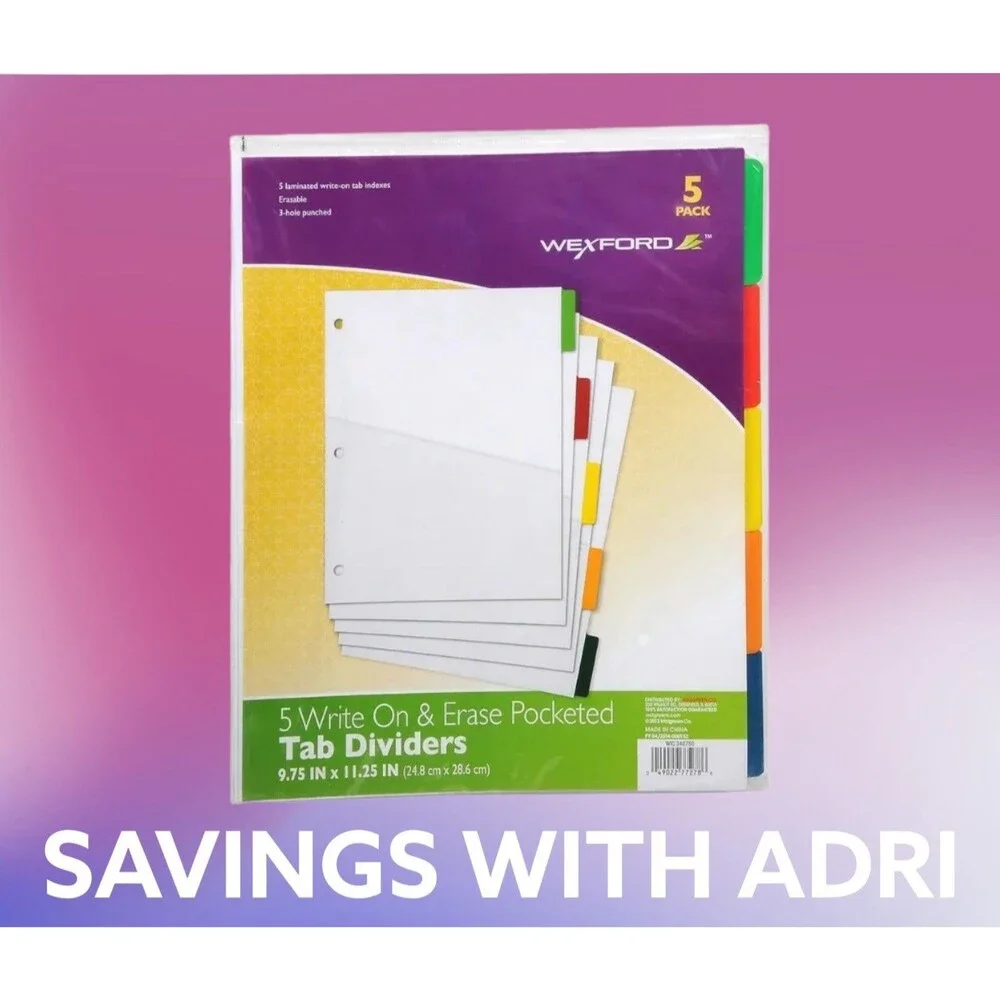 2x Wexford 5-Tab Pocket Dividers Write & Erase Multicolor Big Tabs 3-hole Punch